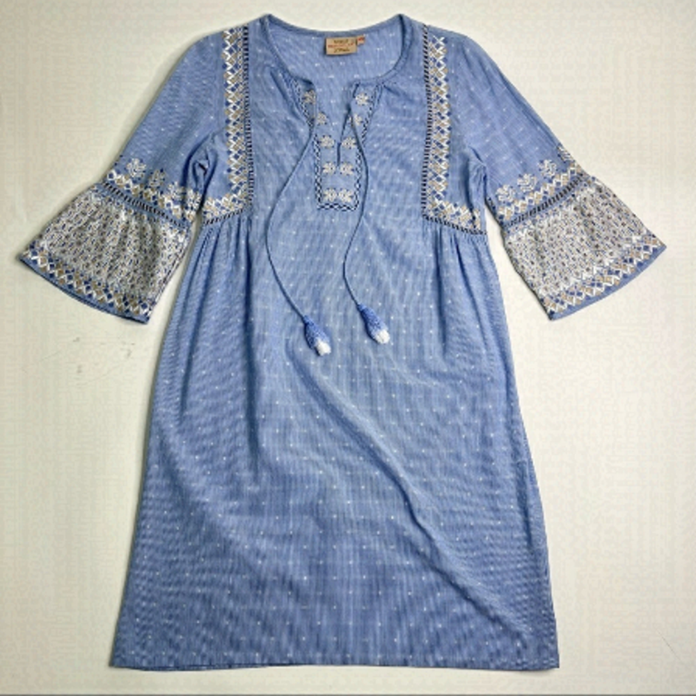 Rungolee Boho Blue Chambray Cottagecore Embroidered Bell Sleeve Tassel Dress